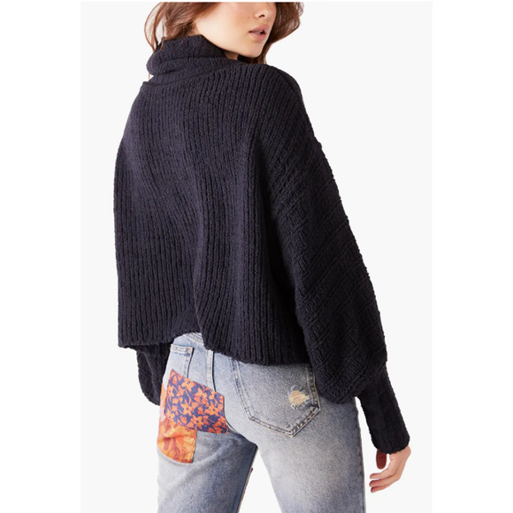 Free People Be Yours Cowl Neck Sweater Balloon Sleeve Chunky Boxy Cropped Black - Picture 4 of 14